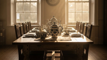 Panoramic wide shot capturing an intricate blue and white ceramic tea set centered on an antique oakの素材