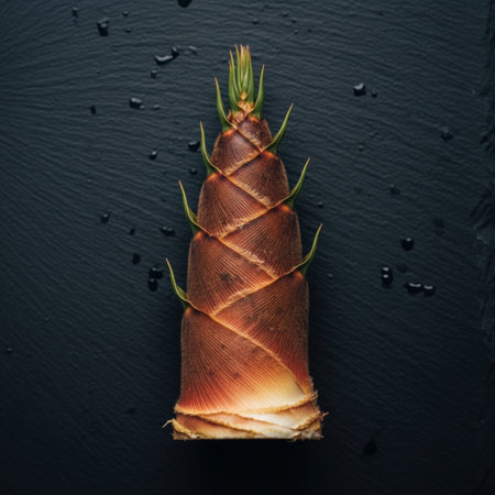 An extreme hero detail shot capturing the fibrous and earthy texture of one solitary, fresh bamboo sの素材