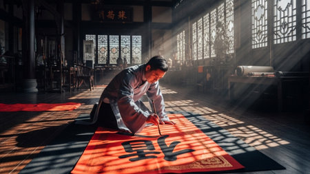 A panoramic, ultrawide 16:9 environmental portrait of an elderly Asian calligrapher fully visible inの素材