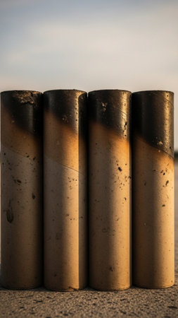 A vertical, full-frame shot showing a cluster of spent and empty cardboard mortar tubes used for lauの素材