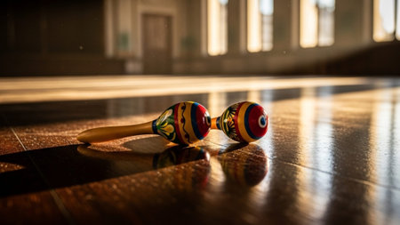 A cinematic wide environmental shot capturing a pair of miniature Rio Carnival maracas resting on aの素材