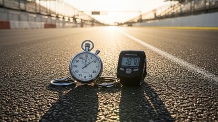An expansive, cinematic 16:9 view of critical race timing equipment abandoned momentarily on the traの素材