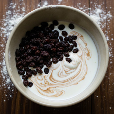 A perfectly centered, high-definition close-up shot of the core wet ingredients for Irish soda breadの素材