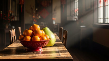 A wide, cinematic view of a beautifully preserved wooden dining room interior during the Lunar New Yの素材