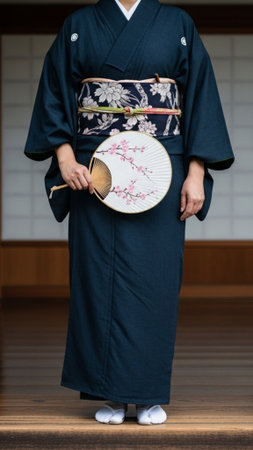 Traditional Japanese Uchiwa fan held by a person in a Kimono. Strict vertical full-body compositionの素材