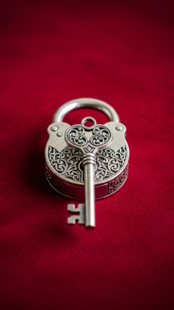 Vertical stock image showing a small, ornate, antique silver lock and matching key resting on a deepの素材