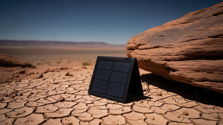 A cinematic wide shot (16:9 aspect ratio) emphasizing the remote capability of portable technology.の素材