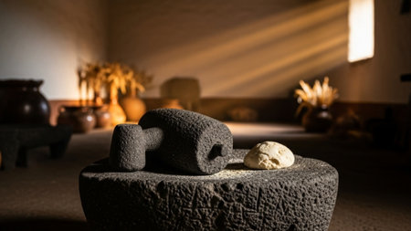 A cinematic wide shot (16:9) capturing a traditional stone metate and mano in a sunlit, rustic Mexicの素材
