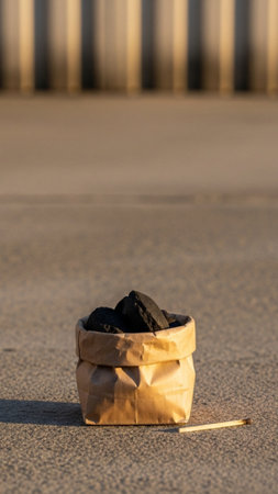 A tall, vertical (9:16) composition featuring a small, sealed brown paper bag of charcoal briquettesの素材