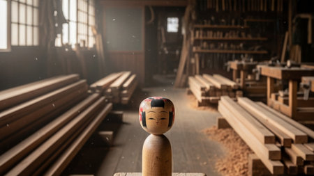 A cinematic ultrawide 16:9 photograph capturing a traditional cylindrical wooden Kokeshi doll in theの素材