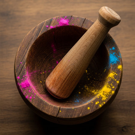 A Hero Detail shot in a 1:1 square format. The worn wooden mortar and pestle are centered, emphasiziの素材