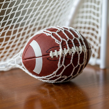 A Hero Detail shot focusing on the tactile textures of an unused, miniature football resting insideの素材