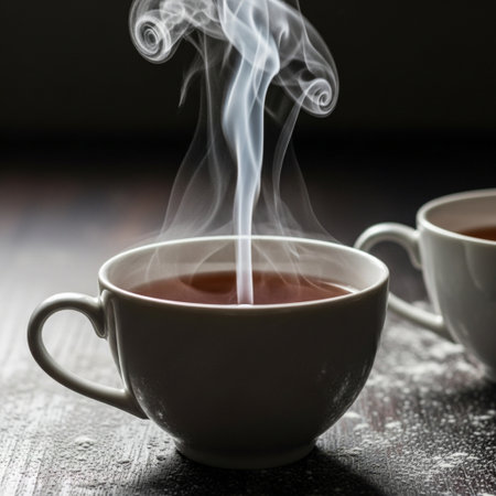 An editorial, detailed square image focusing entirely on the sensory experience of a hot beverage. Tの素材