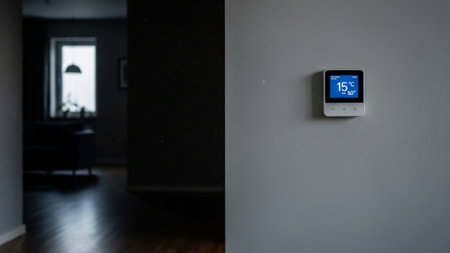 A cinematic ultrawide (16:9) photograph of a modern, empty residential interior during winter. The cの素材