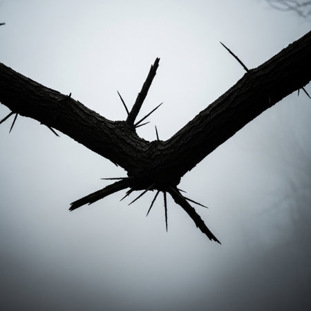 Hero detail shot focusing on the intense texture of gnarled, intersecting tree branches silhouettedの素材
