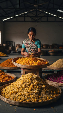 Full body vertical composition of an artisan standing and sorting colorful dried floral petals usedの素材