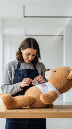 A striking vertical, full-body editorial photograph of a woman standing at a workshop table, customiの素材