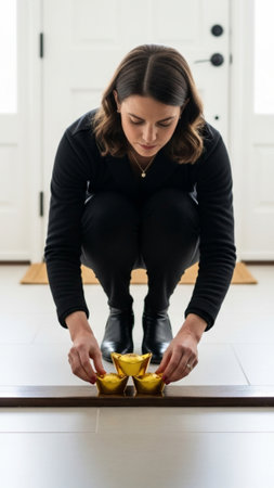 Full body shot of a woman kneeling in a modern entryway, carefully placing decorative gold foil ingoの素材