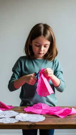A vertical, full-body raw photograph of a young girl crafting handmade Valentine decorations. She isの素材