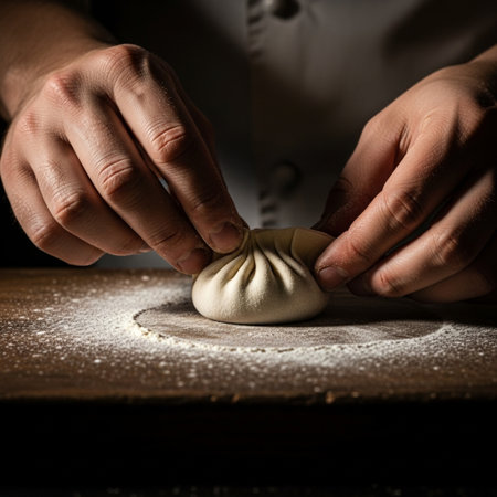 A tightly framed, 1:1 square composition focusing solely on the hands of a cook as they seal a singlの素材