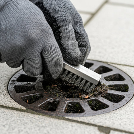 A tightly framed, centered close-up showing the detail of a gloved hand using a wire brush to cleanの素材