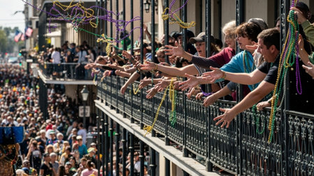 An ultrawide, cinematic view of a lively parade scene, focusing on a historic balcony overflowing wiの素材