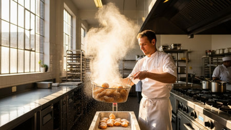 A panoramic 16:9 cinematic wide shot captures a focused chef mid-preparation in a high-end, atmospheの素材