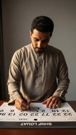 Full body shot of a man standing and marking a date on a desktop calendar related to the pre-Ramadanの素材
