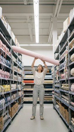 A raw 8k, photorealistic image captured with a wide-angle 35mm lens in a high-ceilinged craft supplyの素材