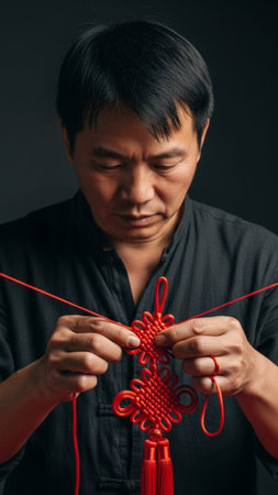A vertical tall (9:16) composition capturing a full-body view of an artisan tying complex red silk kの素材