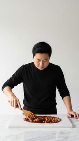 Full-body vertical composition (9:16) capturing the traditional process of making Lunar New Year peaの素材