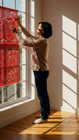 A candid, full-length editorial photograph capturing the vertical elegance of a mother engaged in trの素材