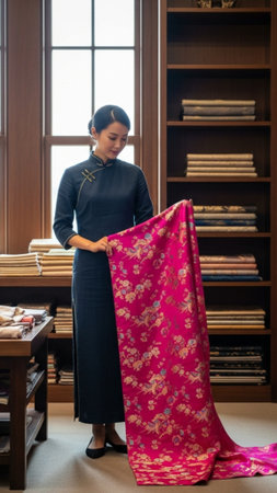 A striking, tall vertical composition showing an elegant Asian woman (full body) selecting luxuriousの素材