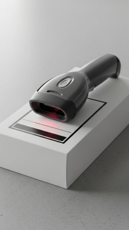 A close-up vertical shot of a modern, ergonomic barcode scanner positioned over a product label on aの素材