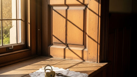 A cinematic wide shot (16:9) of a heart-shaped brass lock and antique skeleton key resting on a vintの素材