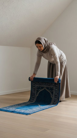A vertical editorial composition (9:16) capturing a full body view of a woman setting up for prayer.の素材