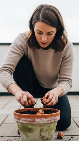Full body vertical 9:16 photo of a person planting spring bulbs (tulips/daffodils) in a terracotta pの素材