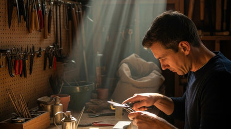 A cinematic wide-angle, 16:9 view of a deeply focused moment inside a rustic wooden garden shed. Theの素材
