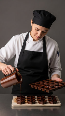 An expansive, high-definition 9:16 vertical composition featuring a professional chocolatier standinの素材