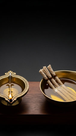 Vertical, full-subject composition focusing on the quiet preparation for a traditional vigil. An ornの素材