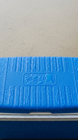 Editorial stock photo showcasing a heavy-duty, moisture-covered plastic cooler centered low in a verの素材