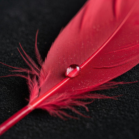 Hero detail shot. A hyper-realistic macro photograph capturing the spine and barbs of a deep crimsonの素材