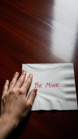 A striking vertical, high-contrast photograph of a crumpled white cocktail napkin with the handwrittの素材