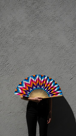 A striking vertical editorial image of a figure holding a traditional, geometrically patterned paperの素材