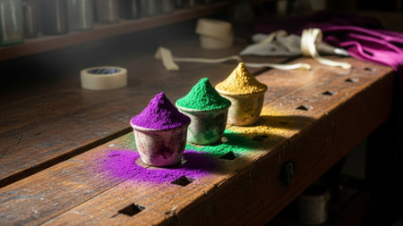 An environmental wide shot (16:9 cinematic) of three small pots holding purple, green, and gold pigmの素材