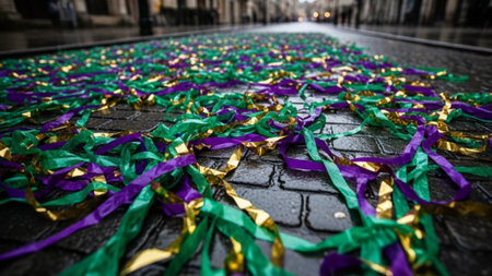 Abstract pattern created by intertwined purple, green, and gold crepe paper streamers covering a widの素材