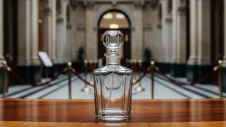 A cinematic ultra-wide shot featuring a classic, unbranded vintage perfume bottle with a crystal stoの素材