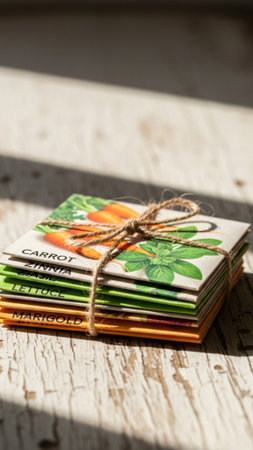 A photorealistic vertical editorial image showcasing a small, neat pile of generic seed packets sittの素材