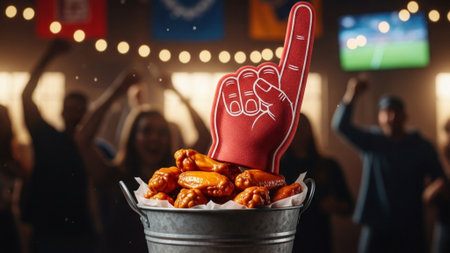 An ultrawide 16:9 cinematic environmental shot of a large, weathered red foam finger prop resting prの素材