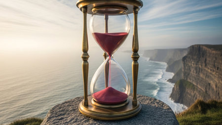 An environmental, cinematic wide shot (16:9) capturing a massive antique hourglass placed on a pedesの素材